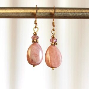 Handmade‎ Pink Rhodonite Gemstone Drop Earrings Boho Bohemian Cottage Fairy